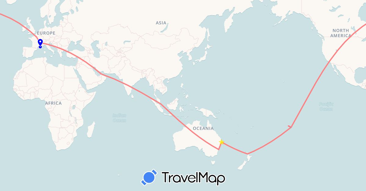 TravelMap itinerary: driving, boat, avion, voiture in United Arab Emirates, Australia, France, New Zealand, French Polynesia, Singapore, United States (Asia, Europe, North America, Oceania)